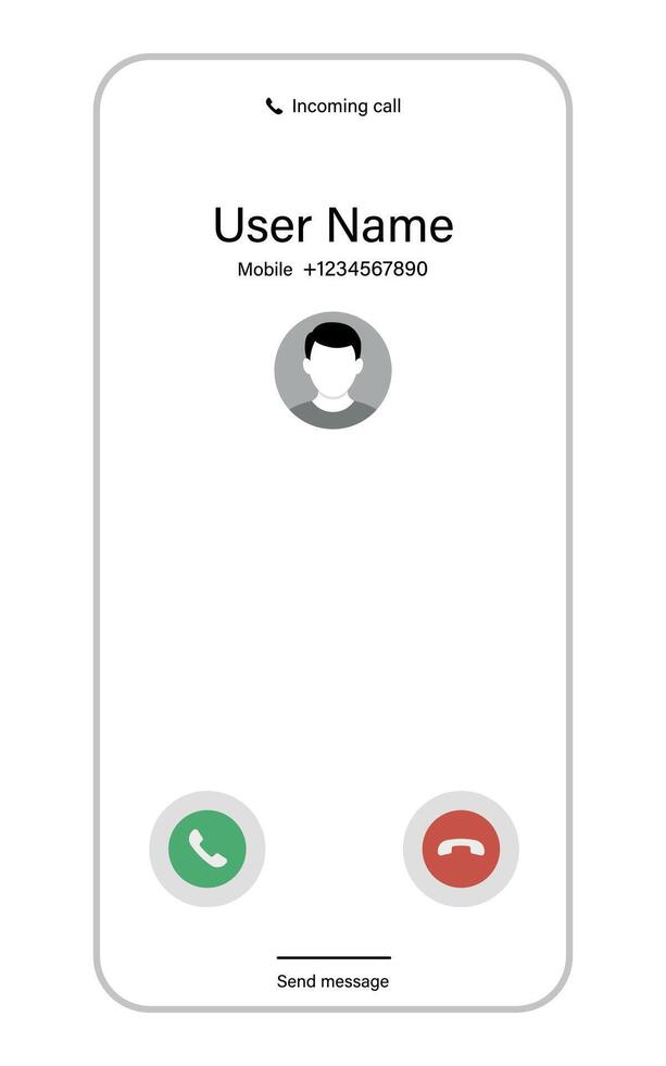 White smartphone interface showing incoming call, caller name, avatar, and accept or decline options. vector