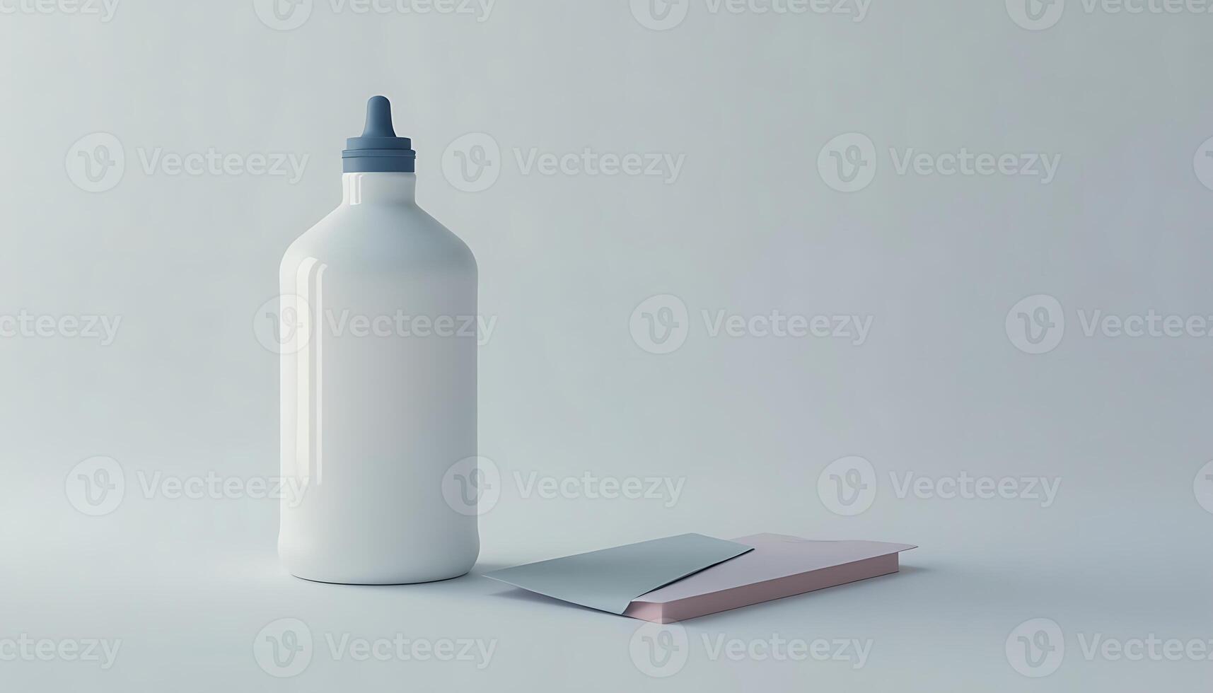 White Bottle with Blue Cap and Pale Stationery on Soft Gray Background photo