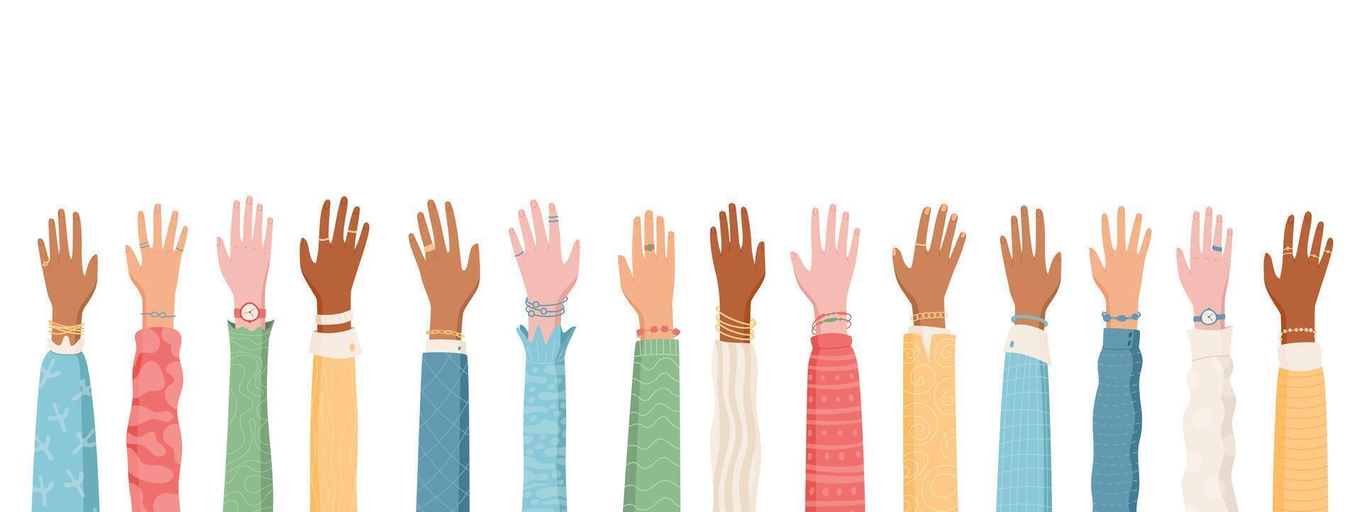 Set of raised open hands in a flat colorful style. A vibrant representation of multicultural and diverse community people. Symbolizing unity, equality, and open human connections, ideal for social, vector