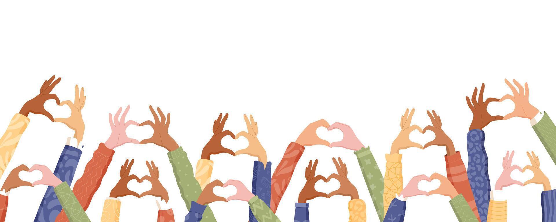 Colorful banner shows hands forming heart gestures. Volunteer community joins together in solidarity and charity. Hopeful people work for support and unity, vibrant uplifting format. vector