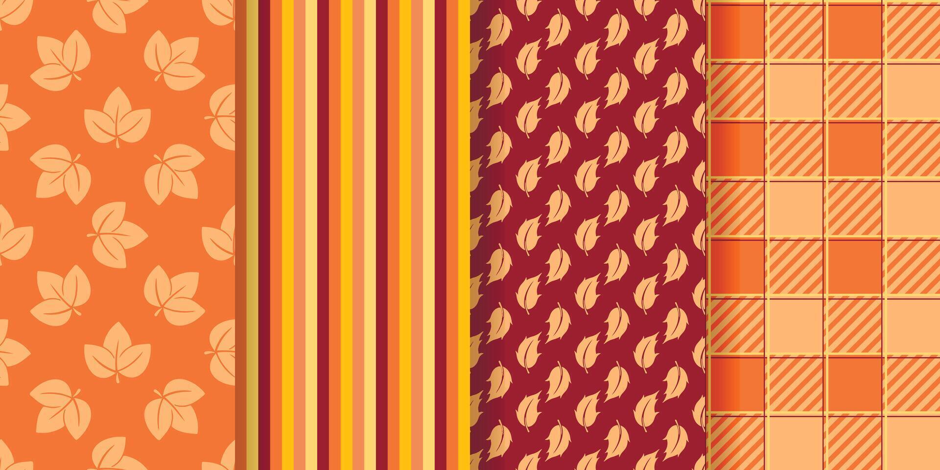 Cozy autumn seamless pattern set. Fall backgrounds with colorful leaves, checkered and lines. Autumn mood prints collection for textile, paper, packaging and fabric, graphics vector