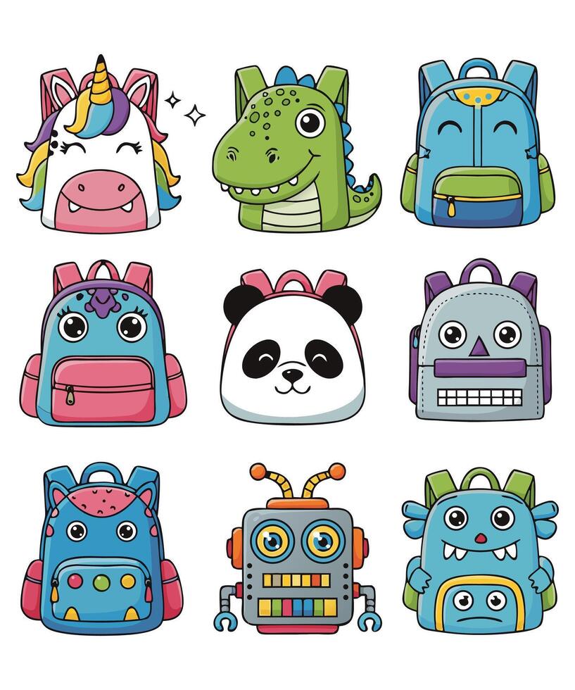 Small colorful character backpacks for children vector