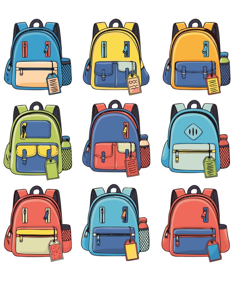 Colorful backpacks in various styles vector