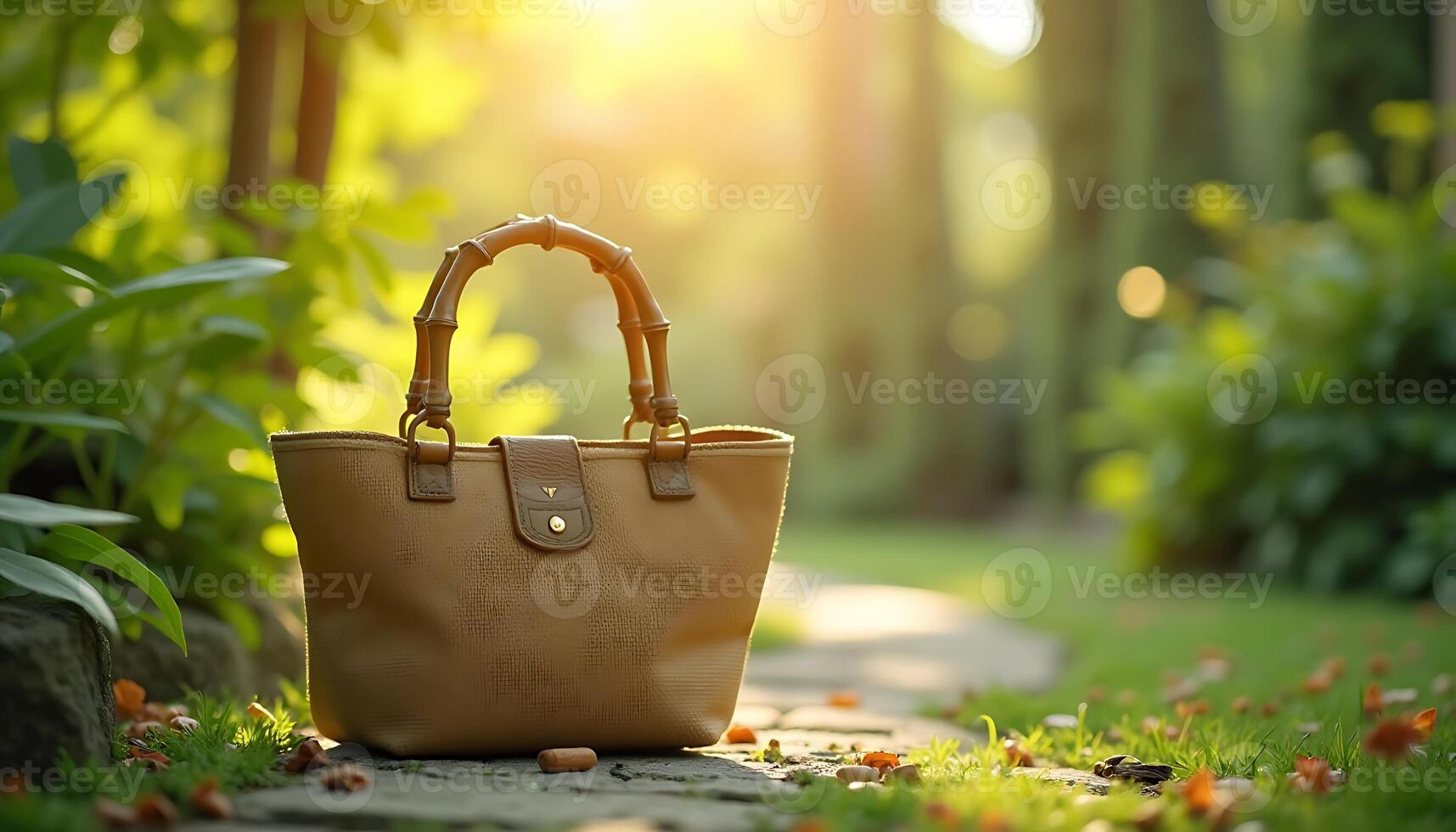 Brown handbag in a garden setting photo