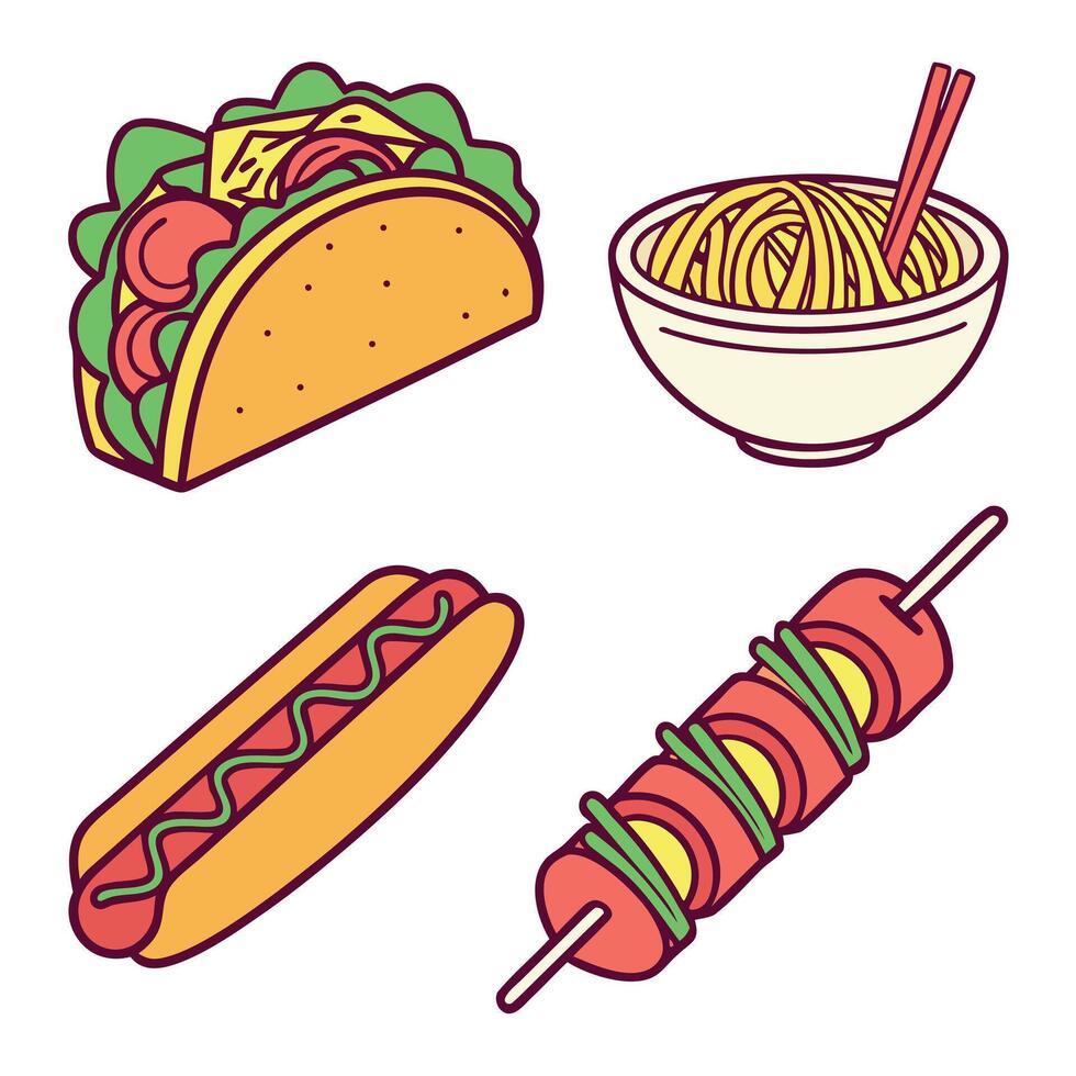 Fast food items including taco, noodles, hotdog and kebab in colorful cartoon illustration vector