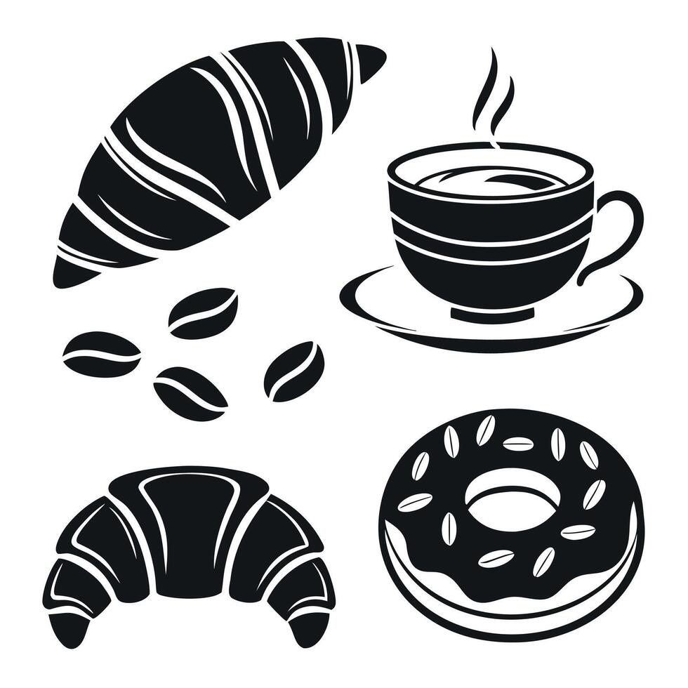 Silhouette breakfast set with croissant donut coffee and beans in bold black design vector