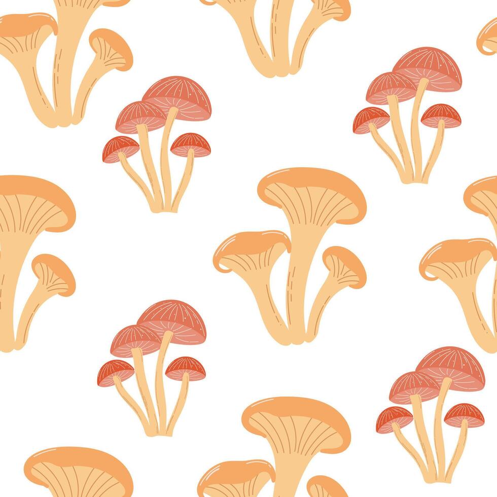 A square repeat flat design featuring isolated fall mushrooms on a white background. Perfect for seasonal projects, fabric, and digital design. vector