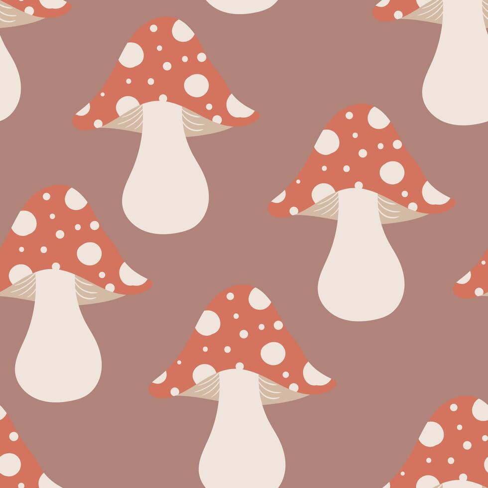 Seamless fly agaric pattern. Flat design with red amanita mushrooms. Autumn square repeat background for seasonal textile, wrapping paper, or surface design. vector