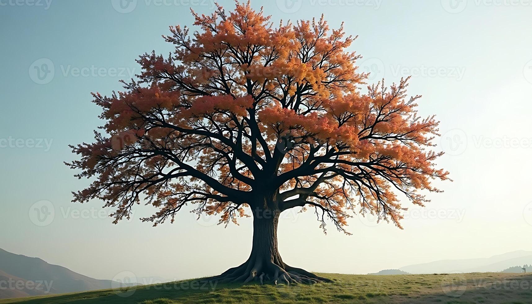 Solitary Tree with Autumn Color Leaves Standing in Field photo