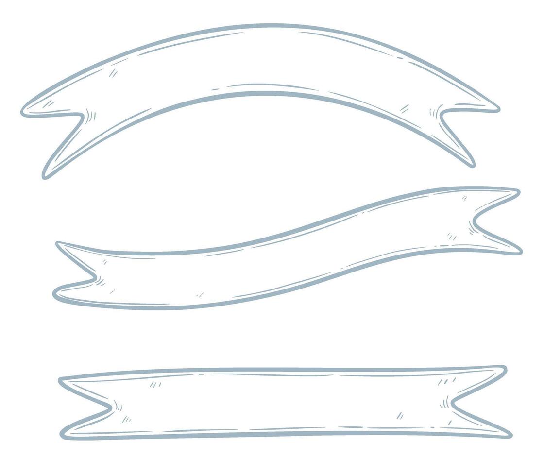 Ribbon illustration with space for text. Linear pastel blue drawing for branding and packaging in vintage style. Outline sketch of Scrolls for retro menu headers and titles. vector