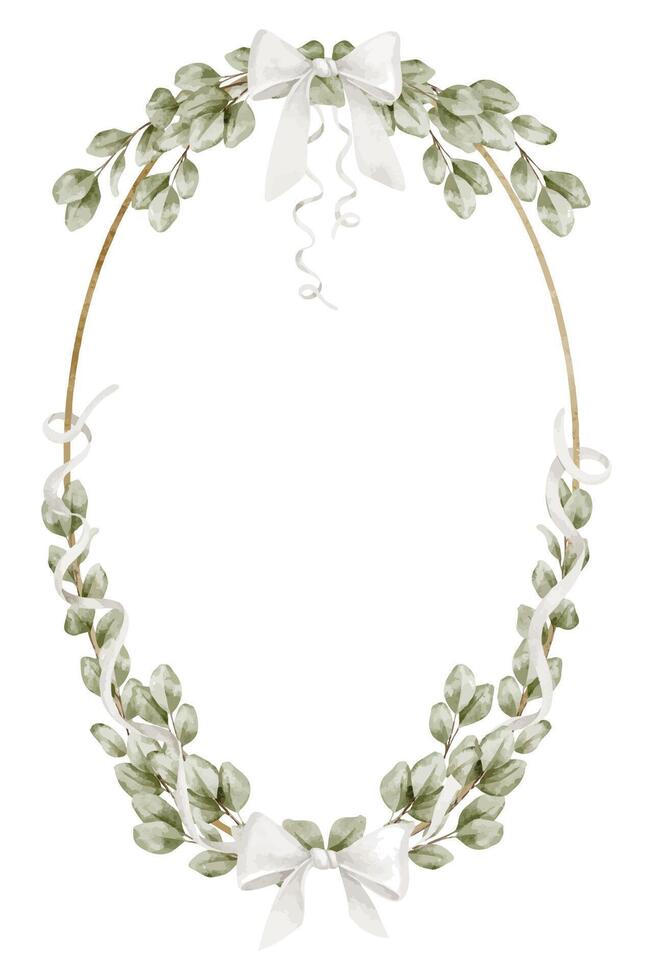 Circular botanical Wreath with watercolor Eucalyptus Branches and white ribbons. Illustration of vertical Template for wedding invitations, birth announcements, and Baby shower greeting cards. vector