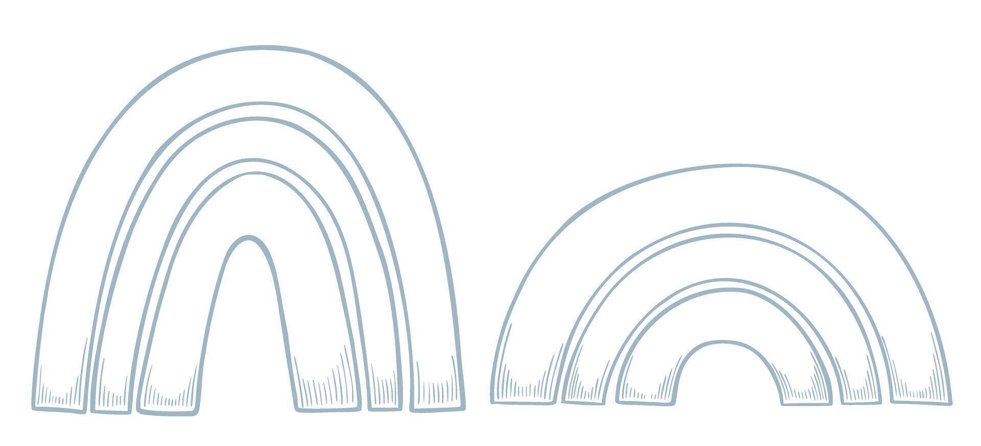 illustration of minimalist pastel blue Rainbows in outline style with soft sketchy texture. Linear drawing for nursery wall art, children invitations, or kids greeting cards. vector