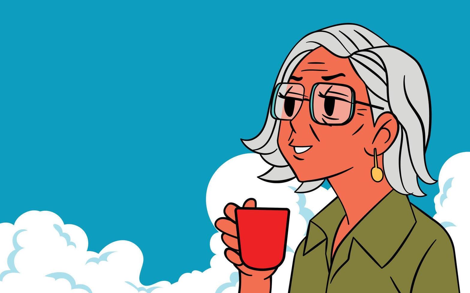 Happy senior woman enjoying a drink coffee outdoors with the sky, pop art illustration vector