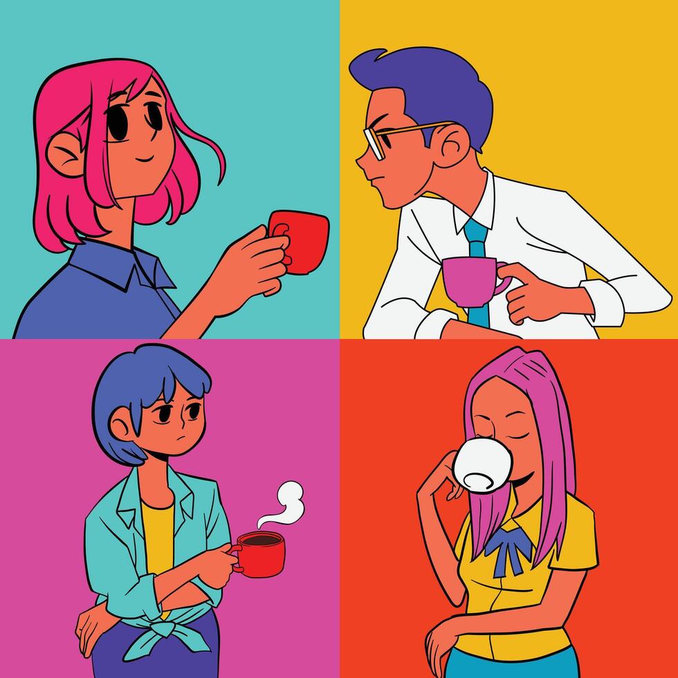 Colorful Pop Art style Illustrations hand-drawn of people on a coffee break vector