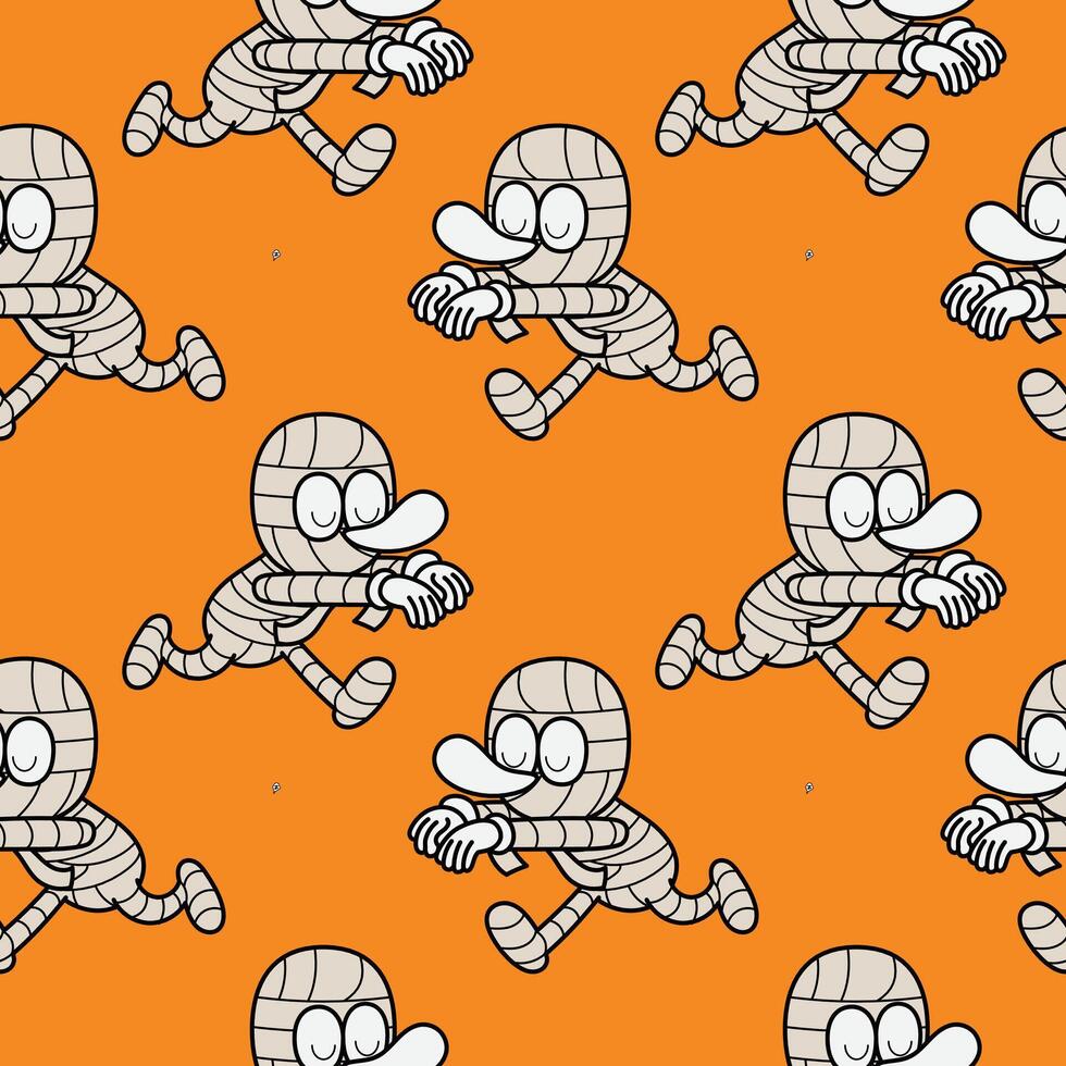 Cute Cartoon Mummy sleepwalking Seamless Halloween Pattern cartoon illustration gift wrap orange design vector