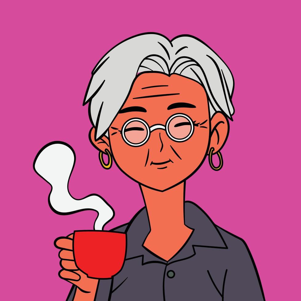 Happy senior woman wering glasses enjoying a drink coffee, pop art illustration vector