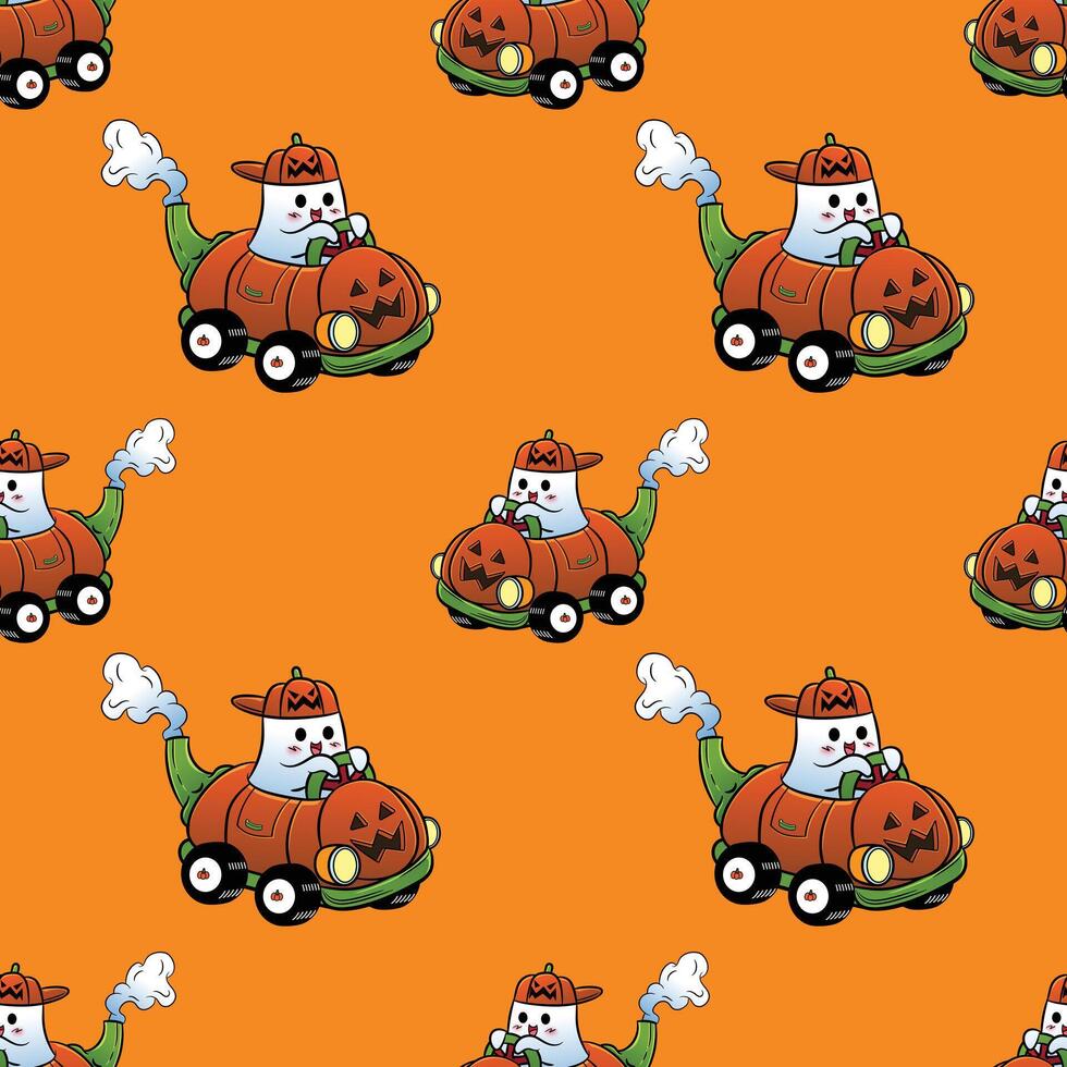 Cute ghost wearing cap character driving a pumpkin car seamless halloween pattern vector