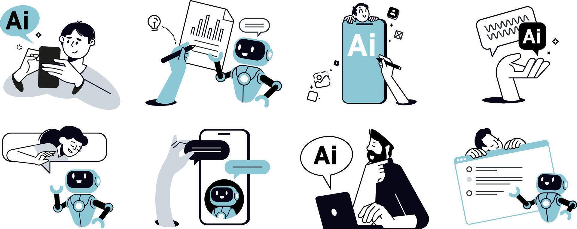 Artificial Intelligence technology. illustrations of ai chatbot, ai assistant, online communication, chat ai, app and services, Artificial Intelligence technology. vector