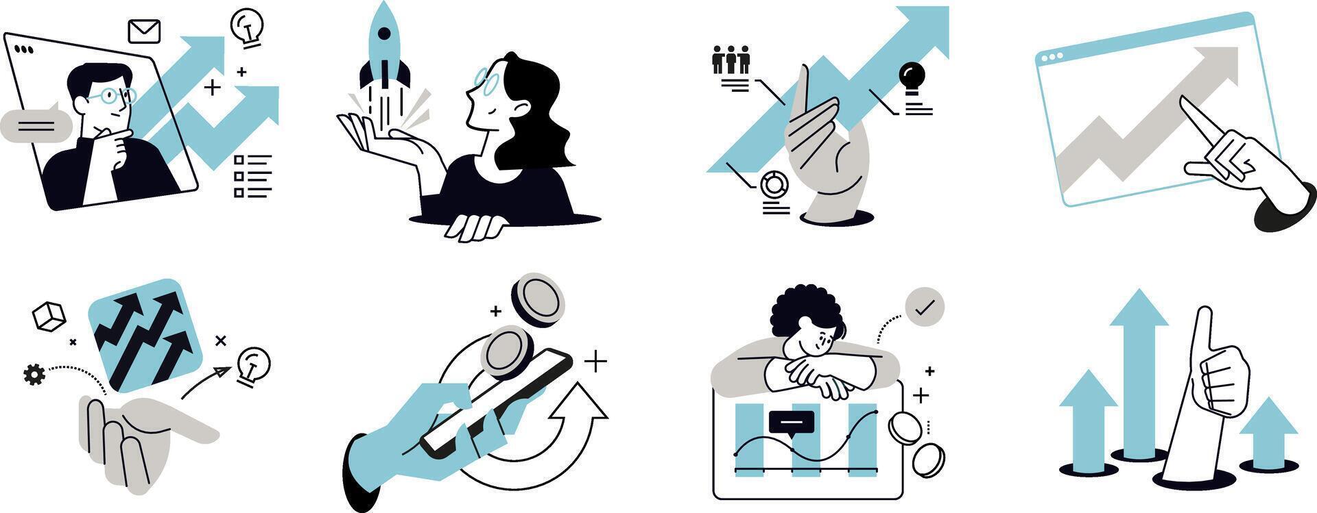 Set of people illustrations in various activities of business, marketing, strategy, planning, data analytics, startup, launch product, success. vector