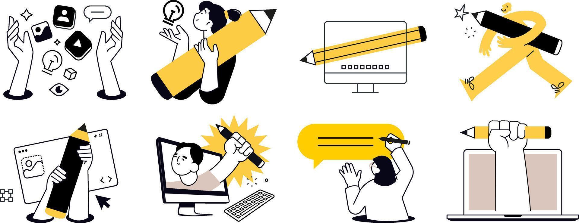Creativity. Set of people illustrations in various activities of business, marketing, creative process, graphic and web design, social media, content management. vector
