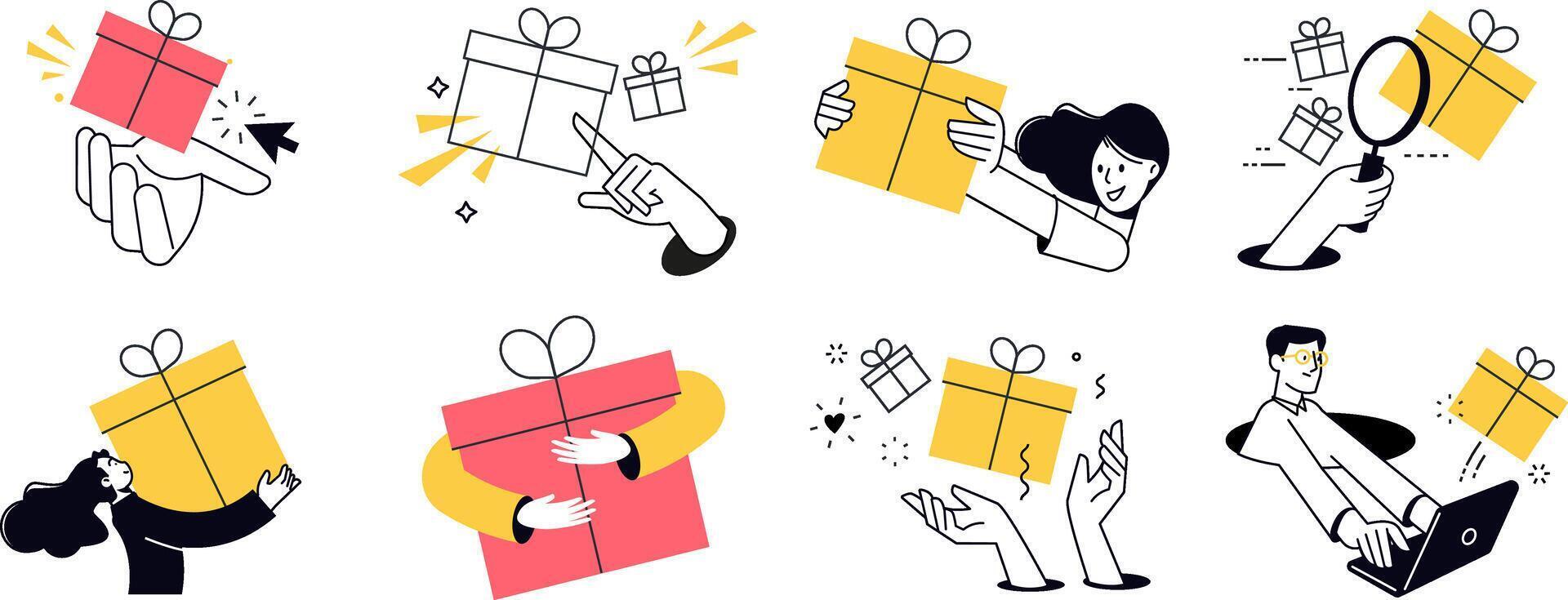 Surprise and celebration. Set of people illustrations in various activities of e-commerce, delivery, shopping, giving or sending gifts, surprises and celebrations. vector