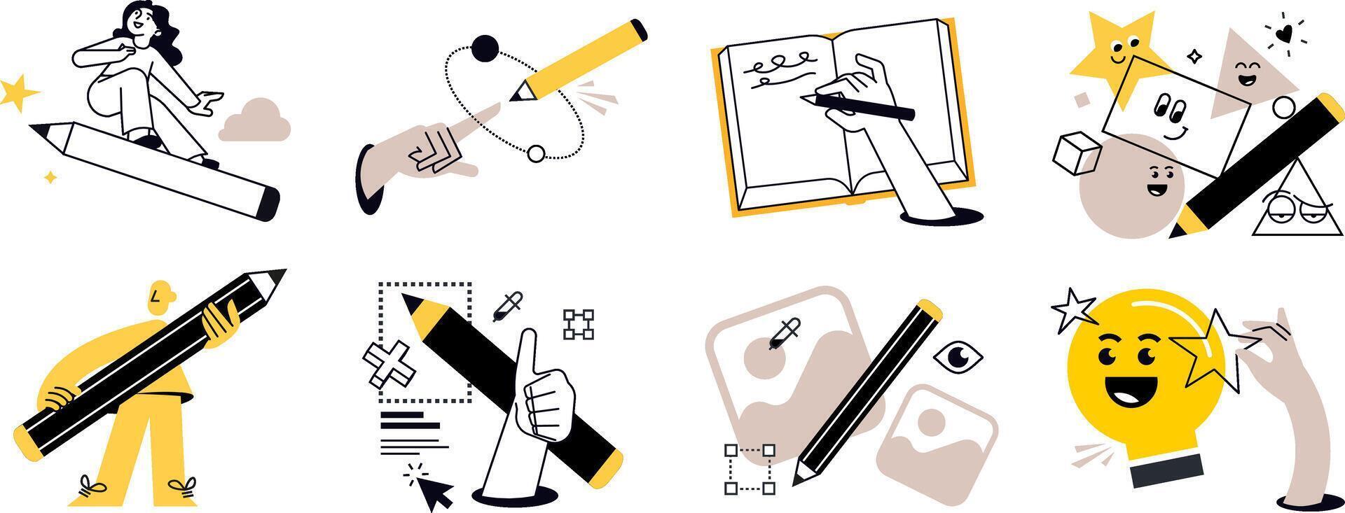 Set of people illustrations in various activities of business, marketing, creative process, graphic and web design, social media, content management. vector