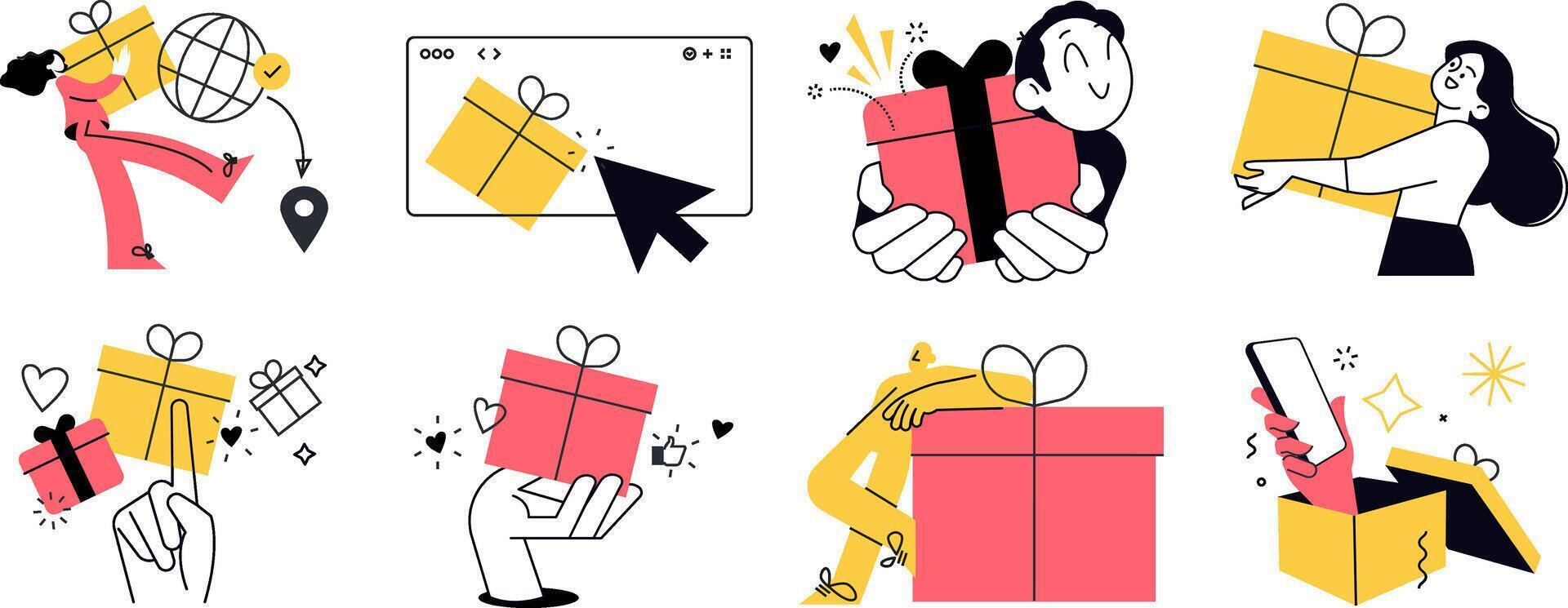 Set of people illustrations in various activities of e-commerce, delivery, shopping, giving or sending gifts, surprises and celebrations. vector