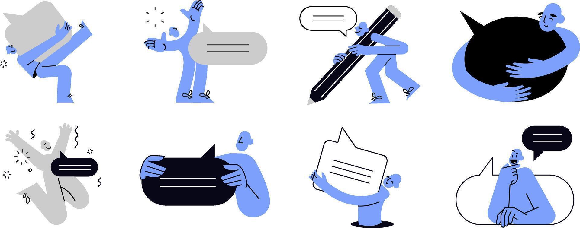 Conversation. Set of people illustrations in various activities of online communication, customer support, feedback, chatting, social network. vector