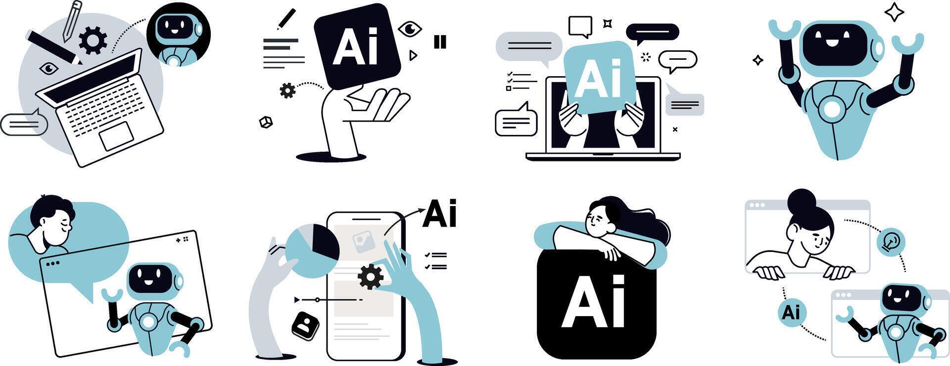 Ai chat illustrations. Concepts of ai chatbot, ai assistant, online communication, chat ai, app and services, Artificial Intelligence technology. vector