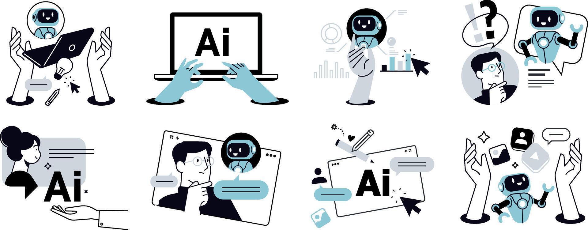 Ai chat. illustrations of ai chatbot, ai assistant, online communication, chat ai, app and services, Artificial Intelligence technology. vector