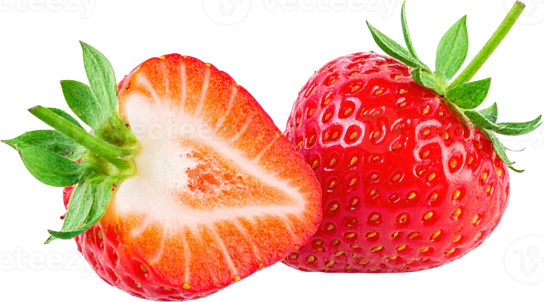 Two ripe strawberries one halved showcasing juicy red flesh and green leaves png