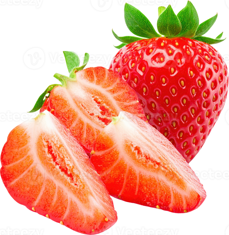 Fresh red strawberries whole and sliced pieces High resolution image png