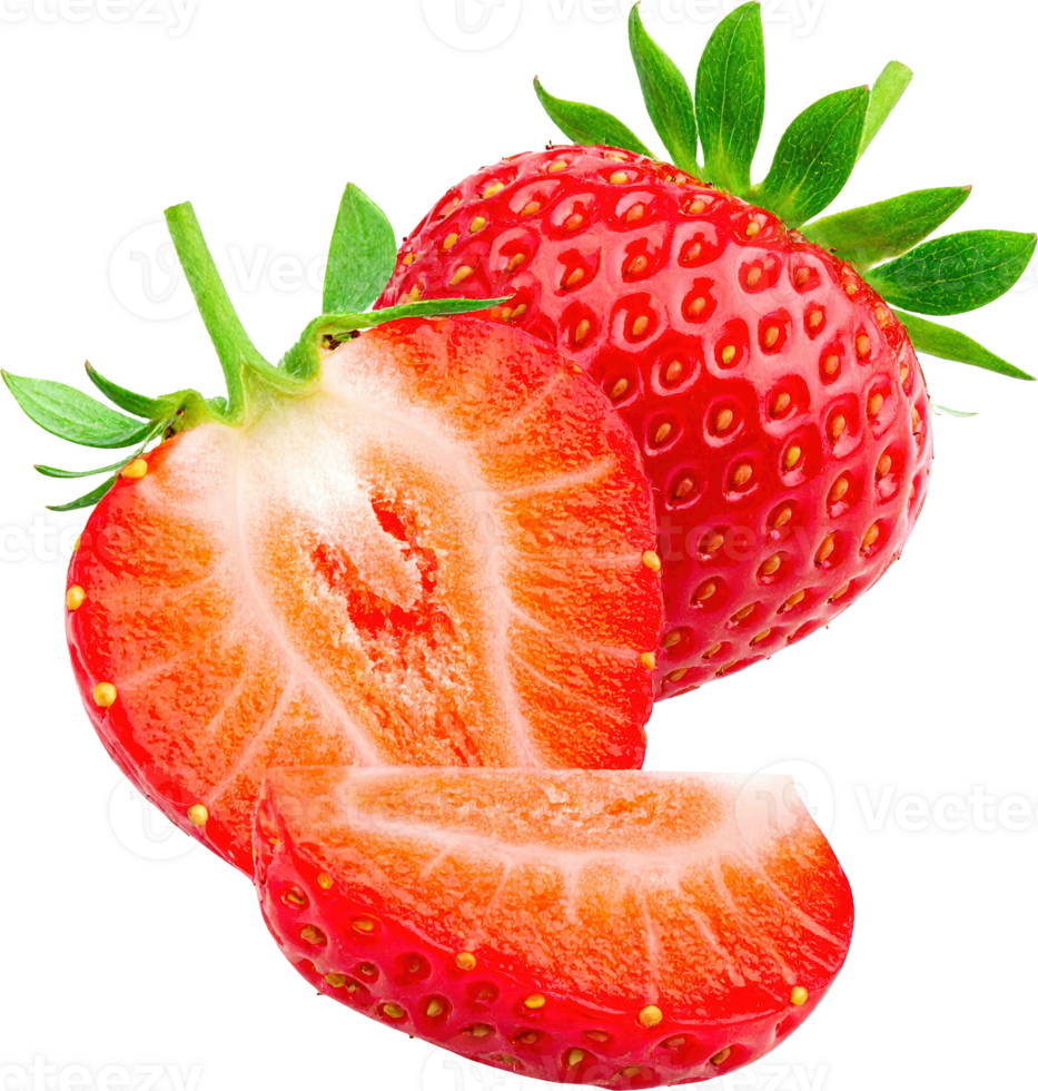 Juicy red strawberries one whole and two halves isolated png