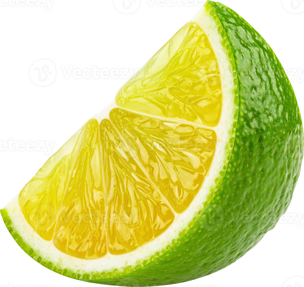 Close up of a lime wedge showing its juicy yellow interior and green rind png