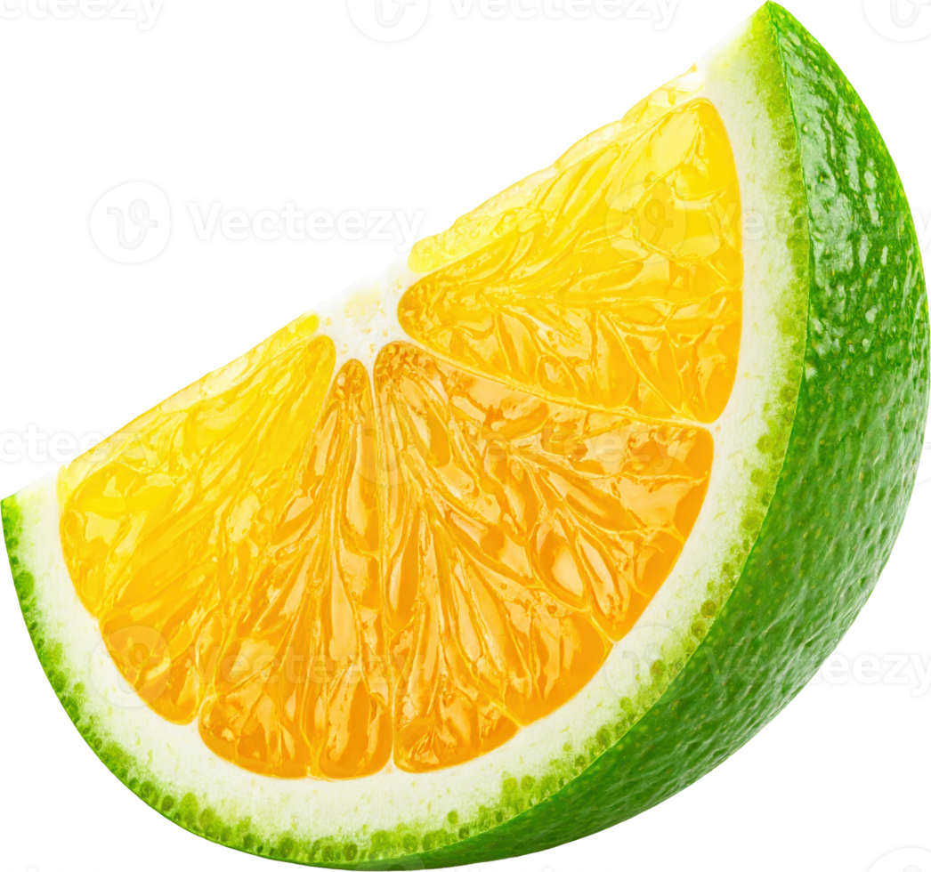 Close up of a juicy orange citrus fruit slice Bright yellow segments and green rind png