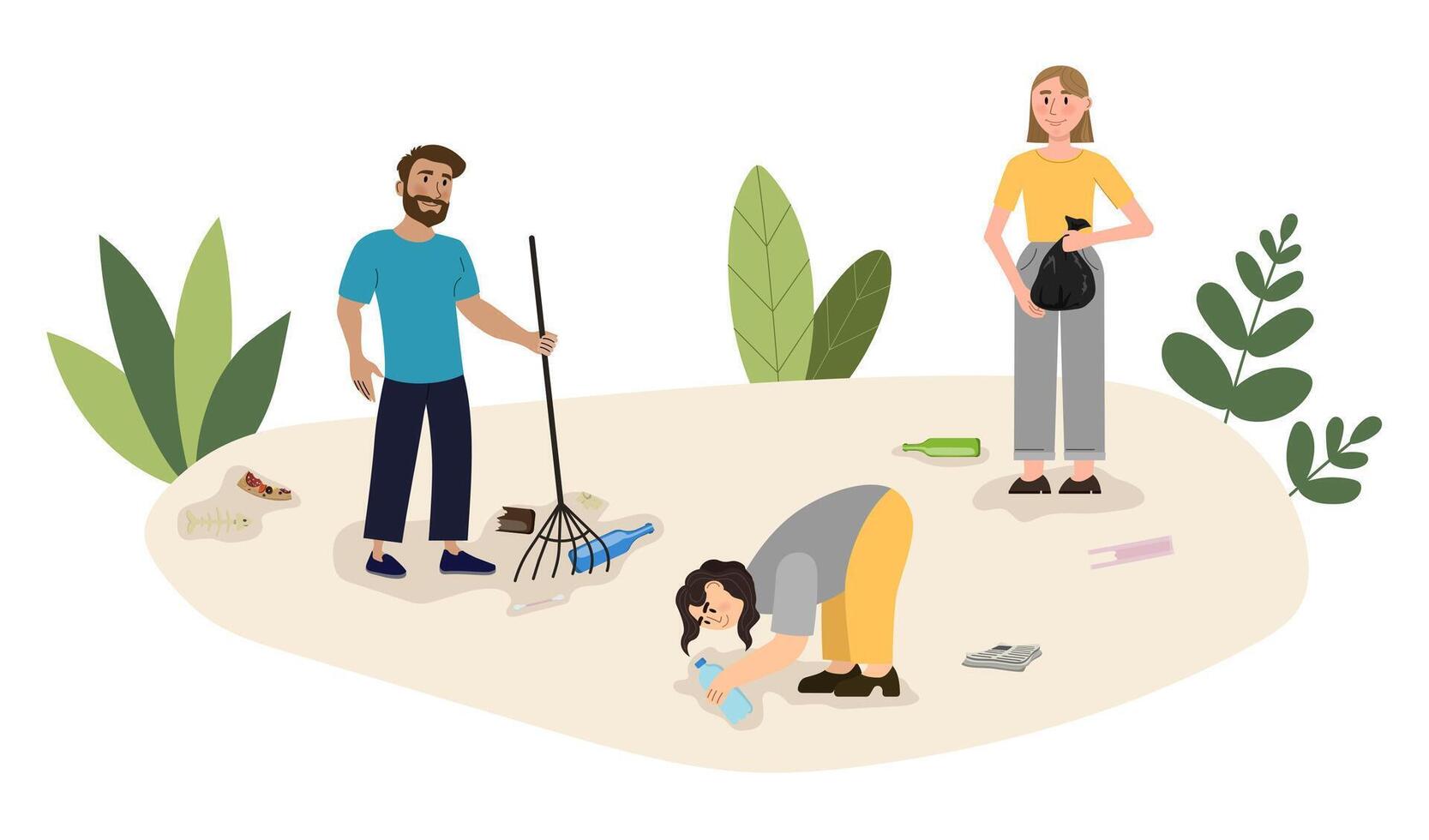Volunteers cleaning the environment picking up trash and using rake and garbage bag vector