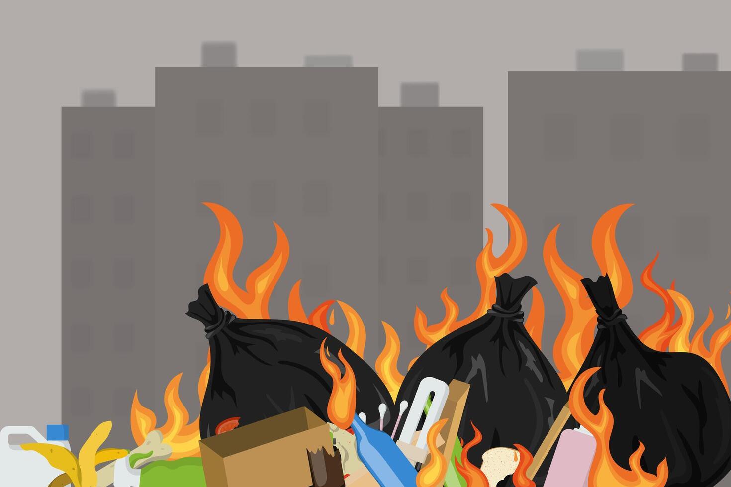 Burning garbage bags polluting a city with smoke and flames vector