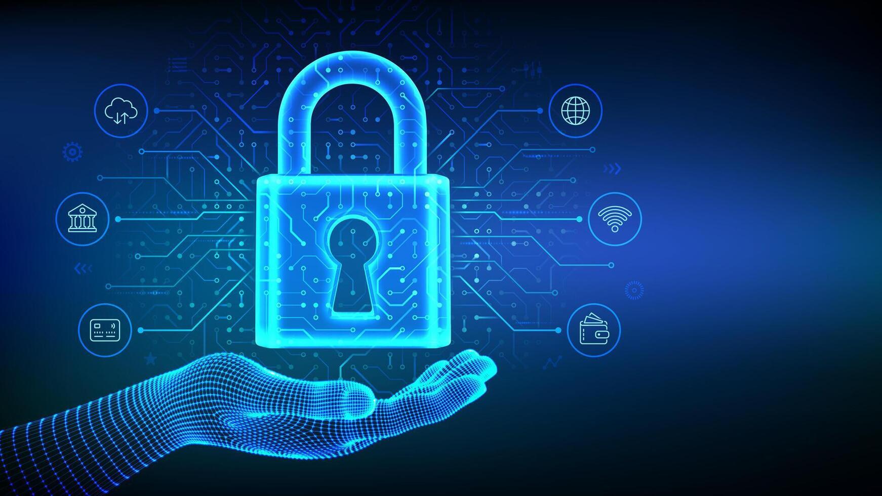 Hand holding a glowing cybersecurity padlock vector