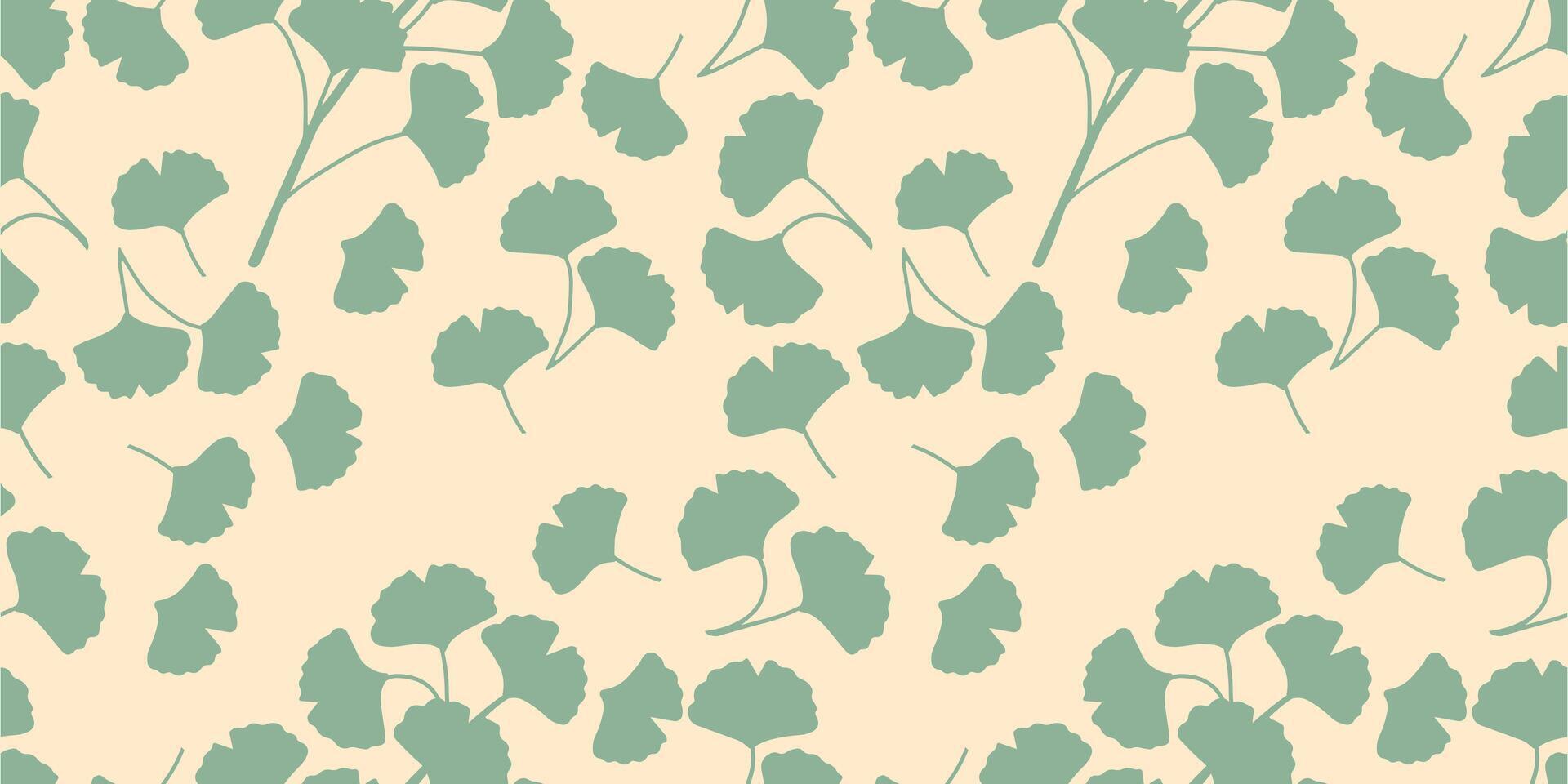 Botanical seamless pattern of silhouettes of branches and leaves of ginkgo biloba in green on light background. For prints of fabrics, textiles, packaging. vector