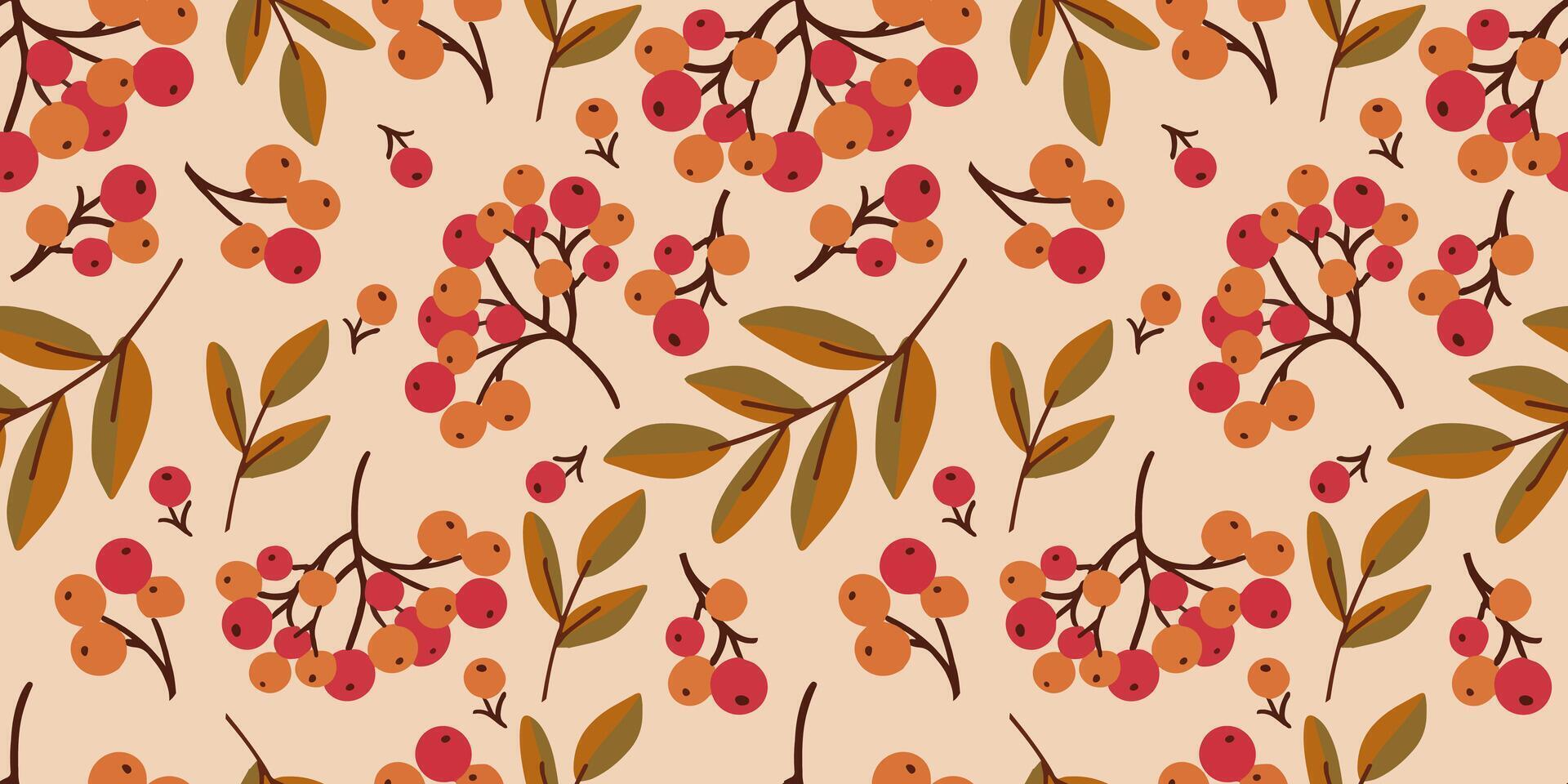 Seamless floral pattern of rowan leaves and red ripe berries on light background. For prints of fabrics, textiles, packaging. vector