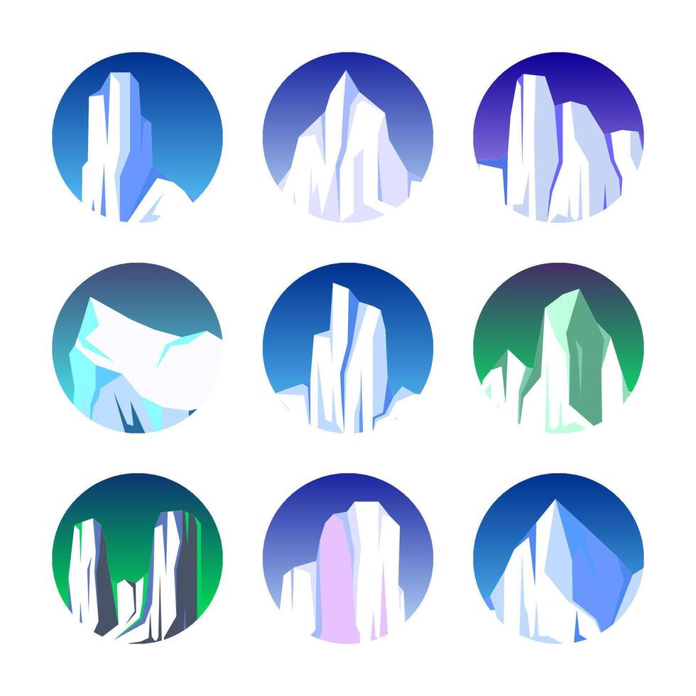 Collection. Drifting arctic glacier, block of frozen ocean water. Icy mountains with snow. Melting ice peak. Antarctic snowy landscape. South and North Pole. illustration. vector
