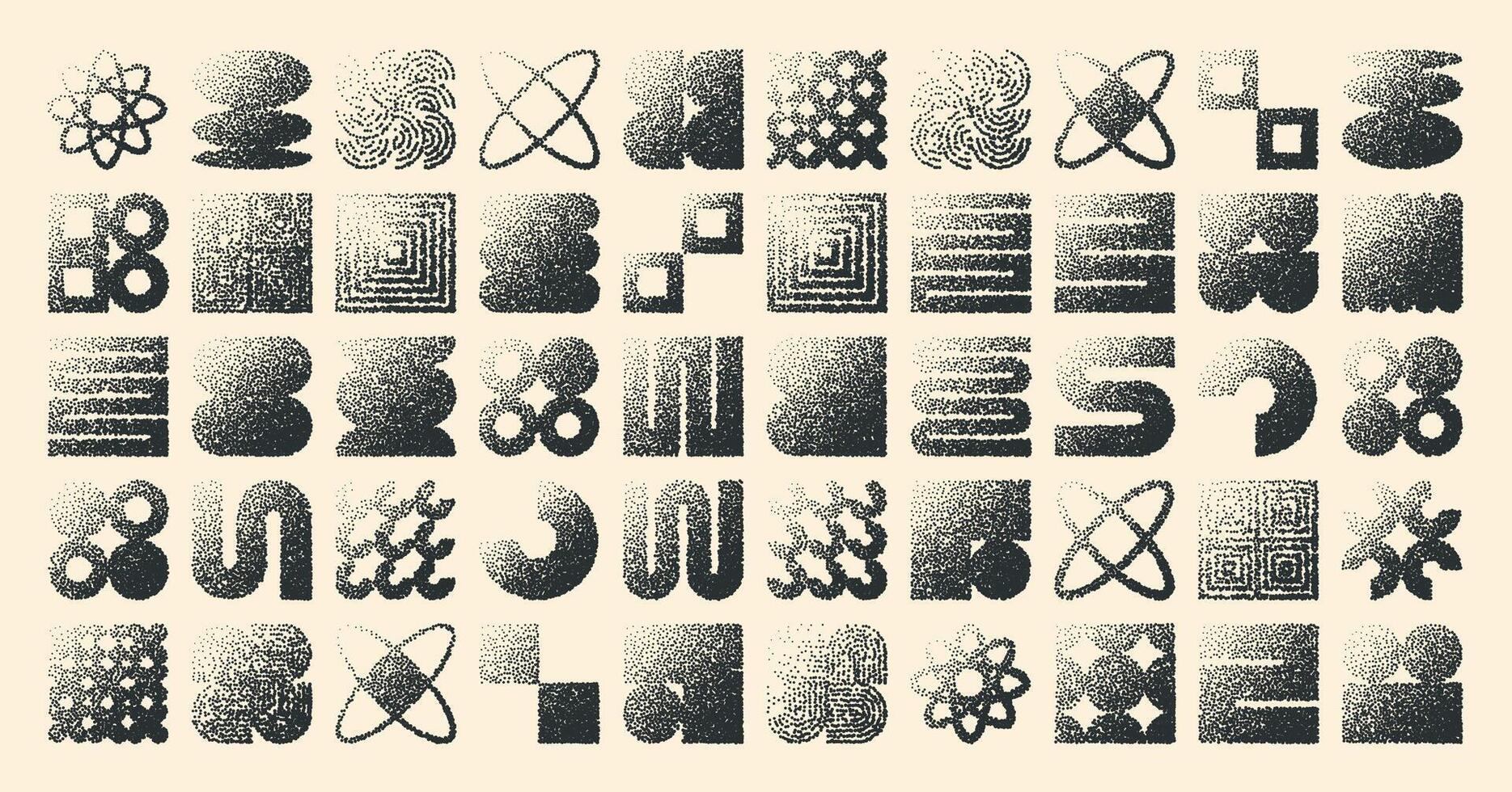 Geometric shapes, dotted objects. Stipple elements modern symbols. Simple primitive forms. Retro design, trendy contemporary minimalist style, y2k. Dot shading, drawing. illustration vector