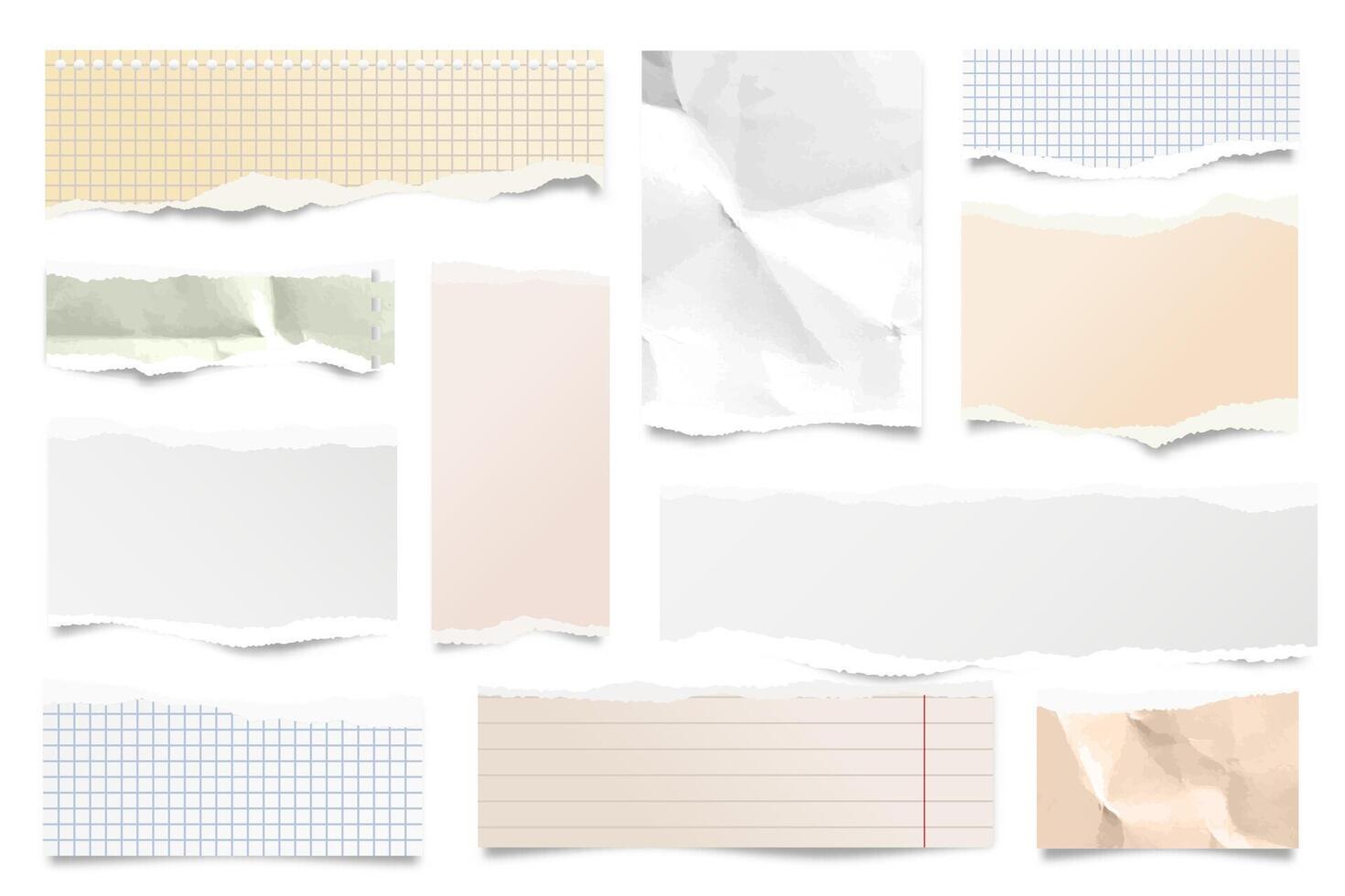 Colorful ripped paper strips isolated on white background. Realistic lined paper scraps with torn edges. Sticky notes, shreds of notebook pages. illustration. vector