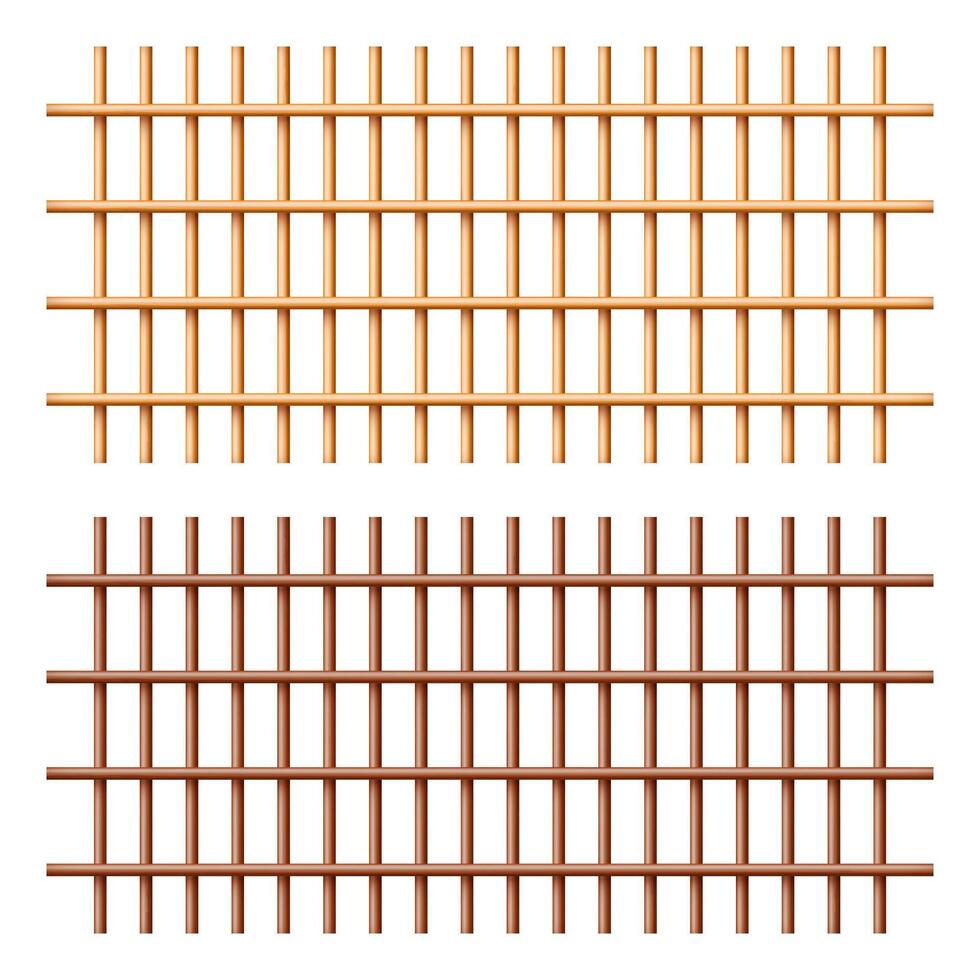 Wooden lattice, rural picket fence. Farm or village house boundary, garden enclosing planks. Detailed wooden jail cage. Criminal background mockup. Creative illustration vector
