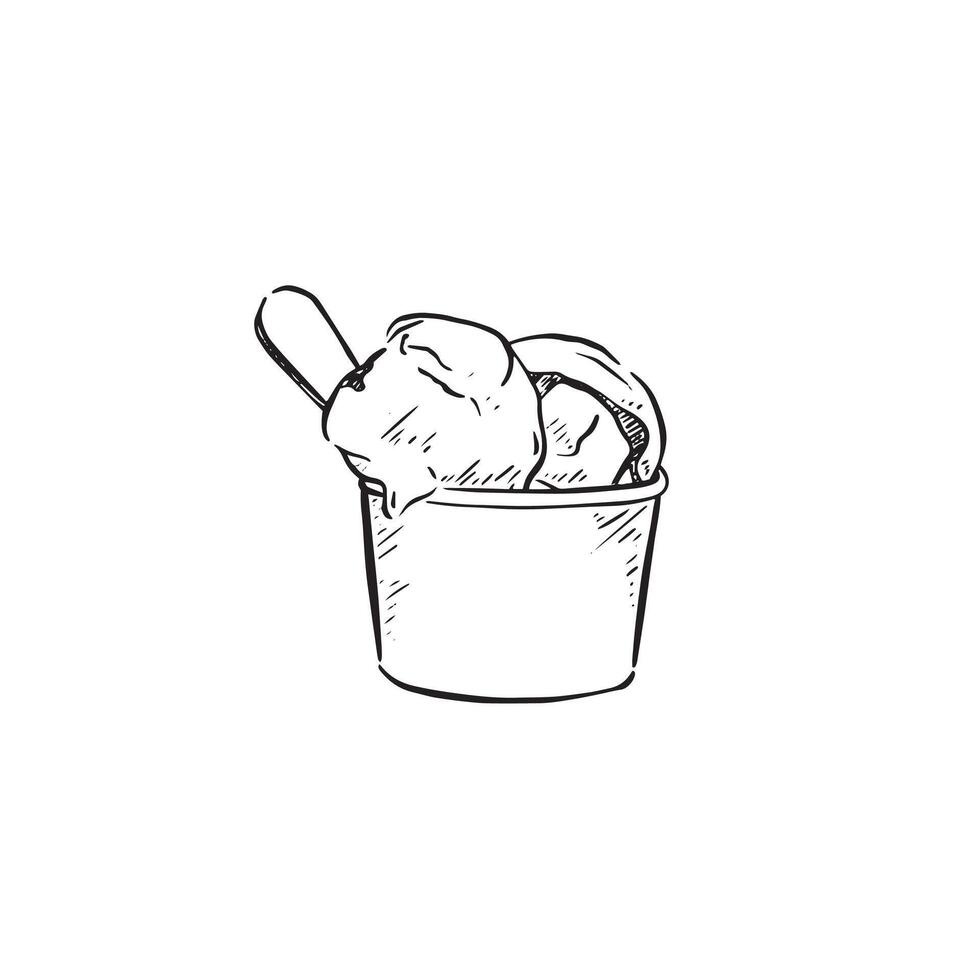 Two scoops of ice cream in a tub. Hand drawn in black. vector