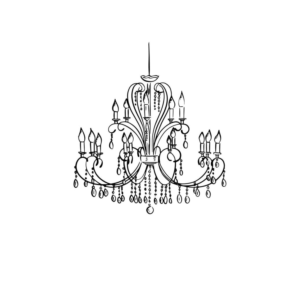 Chandelier illustration with drop crystal pendants. Hand drawn in black and white. vector