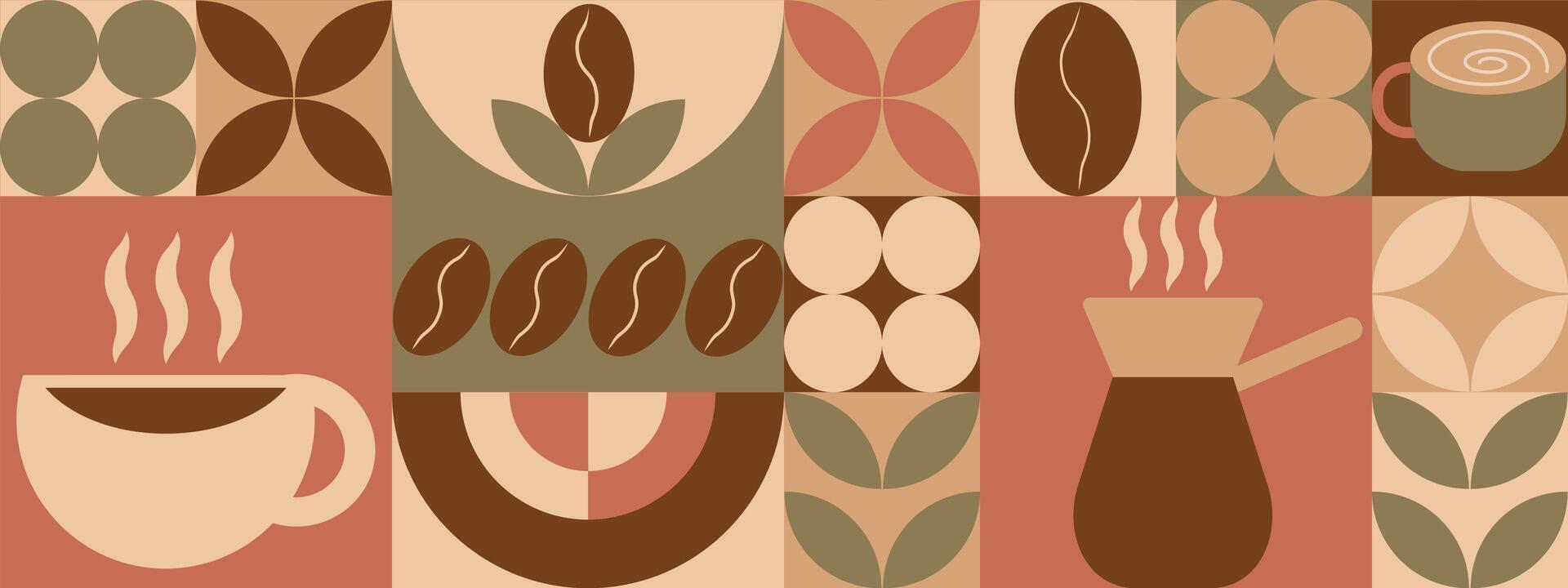 Pattern with coffee theme in geometric minimalistic style. Print with abstract shapes. Illustration for cover design, food package, menu, background vector