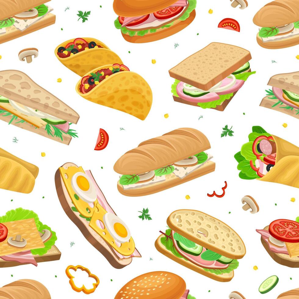 Colorful food pattern with sandwiches and tacos vector