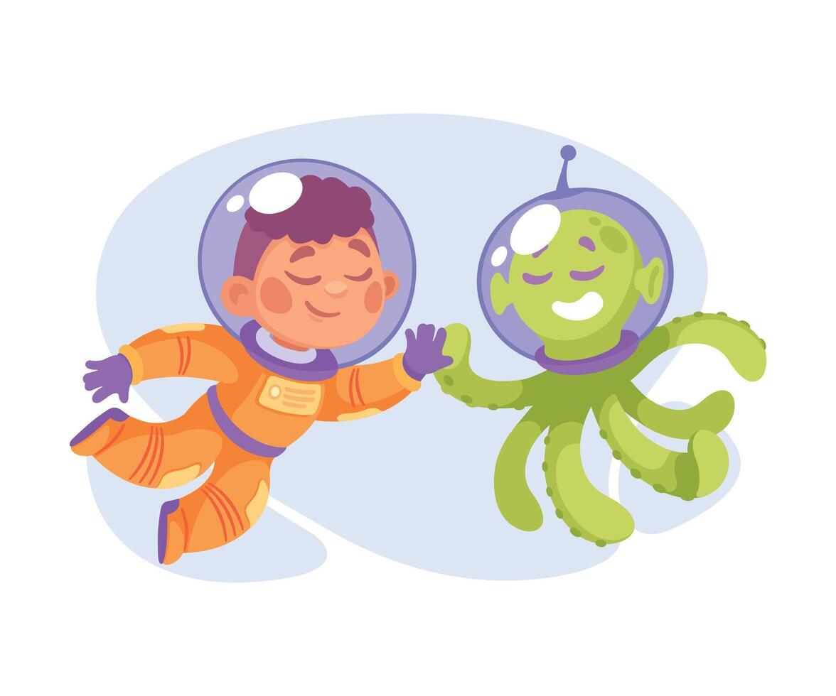 Girl Astronaut Character with Alien in Outer Space Exploring Universe Illustration vector