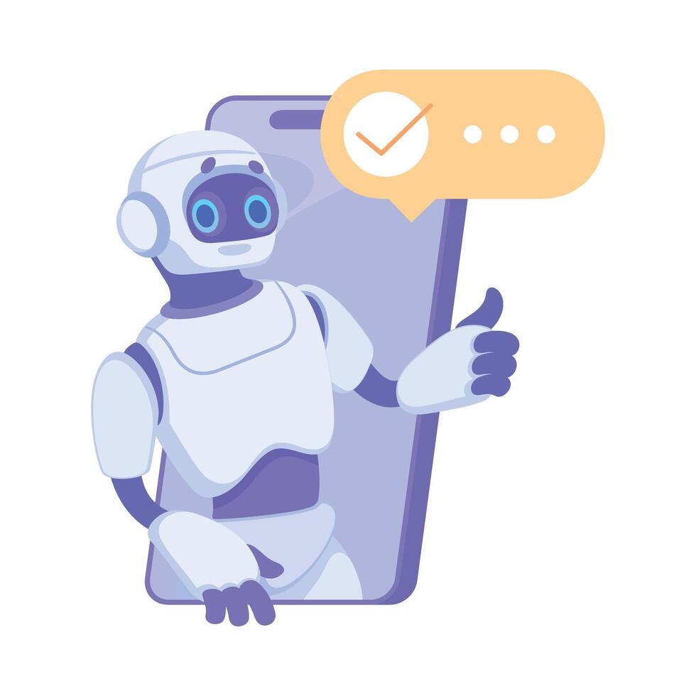 Robot Character Look from Smartphone Screen as Smart Android Assistant Machine Illustration vector